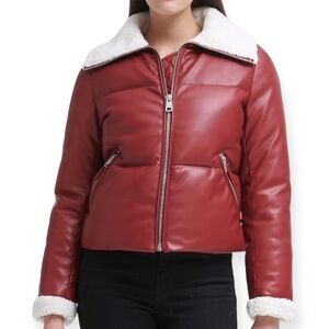 Levi's M Fur Trim Breanna Puffer Bomber Jacket Faux-Leather Rhubarb Red